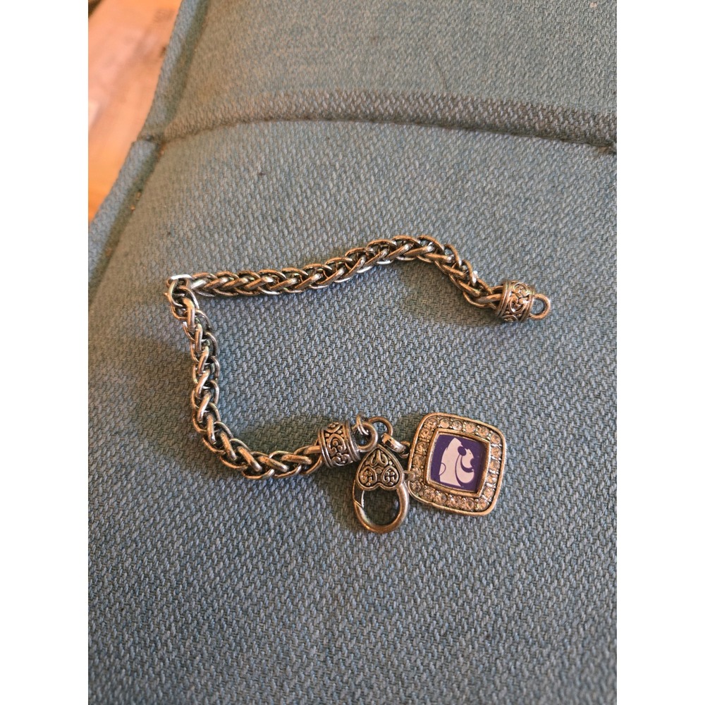 Kansas State Wildcat Silver Tone Chain Bracelet Purple Silhouett Charm Heart